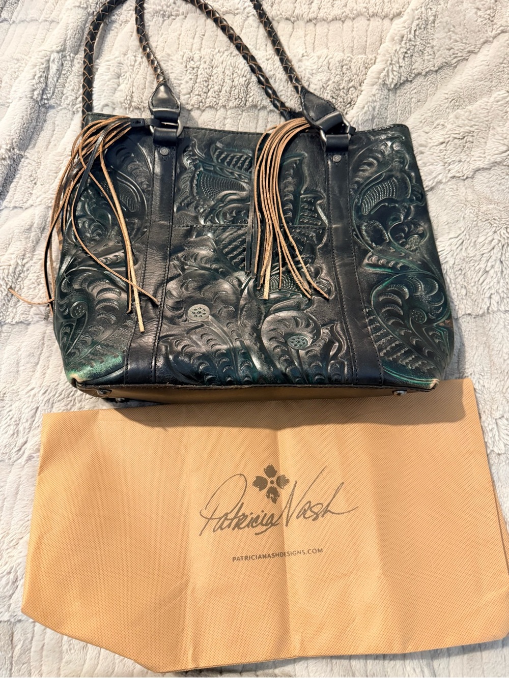 Patricia Nash Rena Green Black Burnished Tooled Leather Tote Tassels